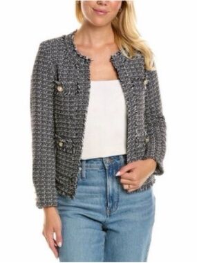 Nanette by Nanette Lepore Black and White Tweed Frayed-Hem Blazer